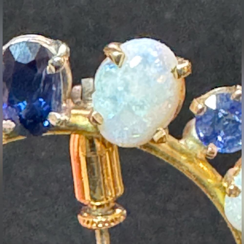 Vtg 14K? Yellow Gold Opal & Sapphire Circle Brooch Screw Lock Pin Mid-Century 8g - Picture 9 of 16